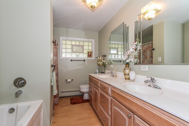 bathroom with double vanity, hardwood / wood-style floors, a baseboard radiator, and a healthy amount of sunlight