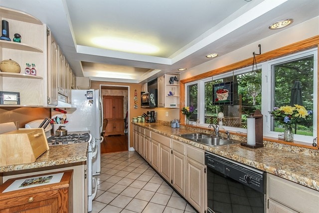 kitchen with a wealth of natural light, a raised ceiling, dishwasher, and white gas range