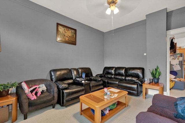 living room with light tile patterned floors and ceiling fan