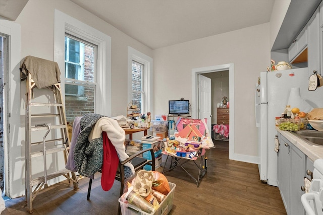 interior space with baseboards and dark wood-type flooring