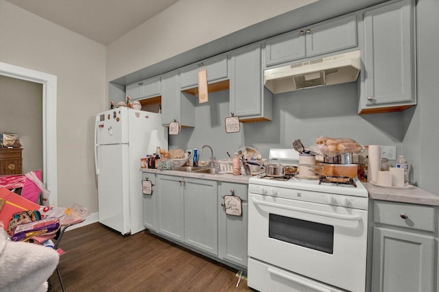 kitchen with under cabinet range hood, white appliances, a sink, light countertops, and dark wood finished floors