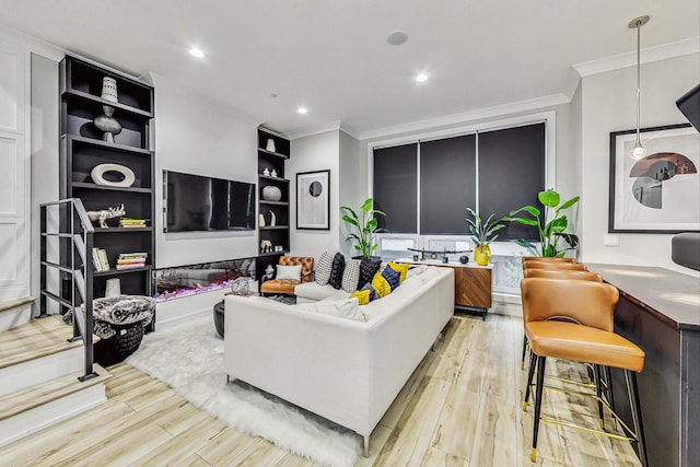 living room featuring crown molding and light hardwood / wood-style floors