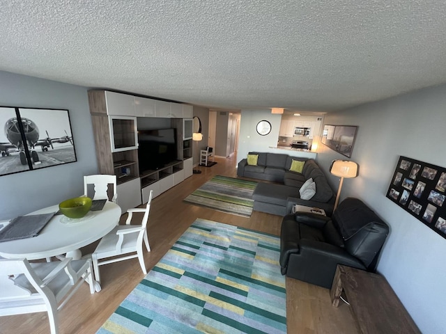 living room featuring a textured ceiling and wood finished floors