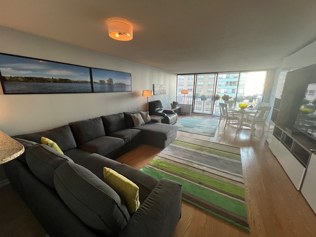 living room with hardwood / wood-style flooring and expansive windows