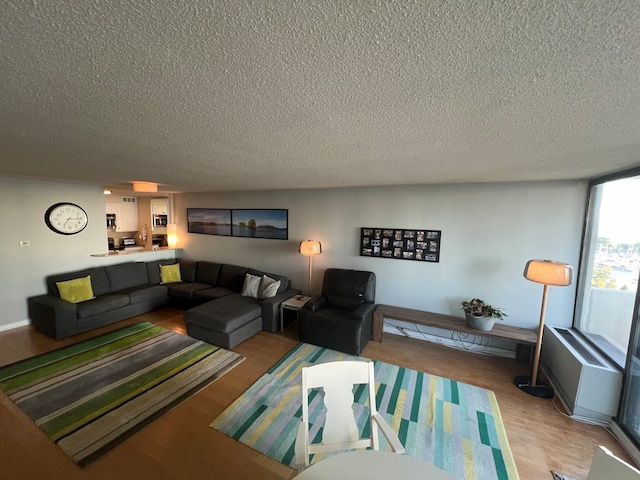 living room with a textured ceiling and light hardwood / wood-style flooring