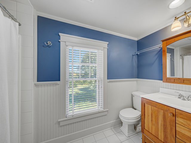 bathroom with vanity, curtained shower, crown molding, toilet, and tile patterned floors