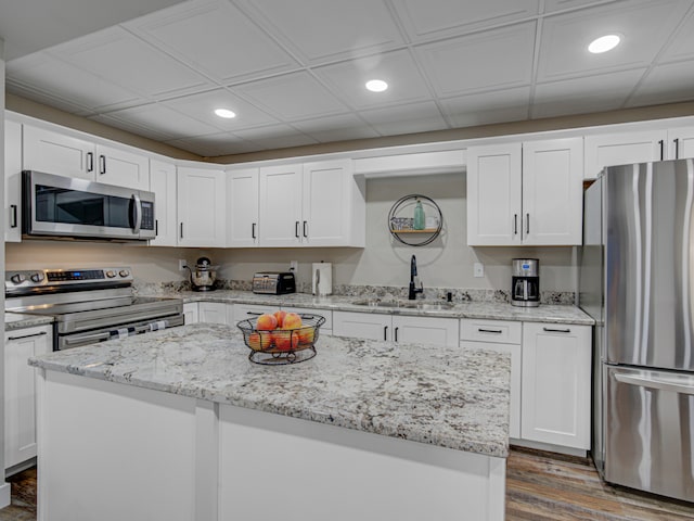 kitchen with hardwood / wood-style floors, appliances with stainless steel finishes, a kitchen island, and sink