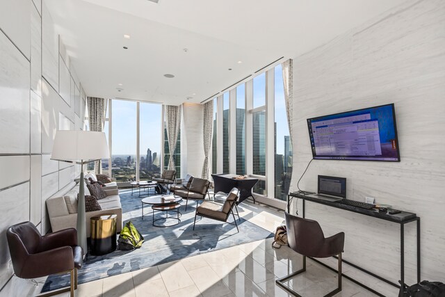 living room with floor to ceiling windows