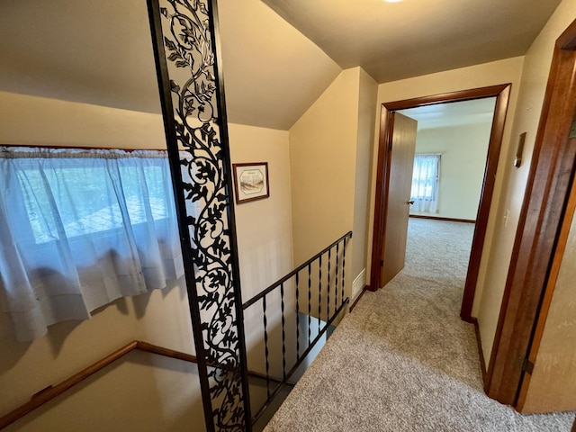 321 E N St, Sheffield, IL 61361 - hallway featuring carpet, an upstairs landing, vaulted ceiling, and baseboards