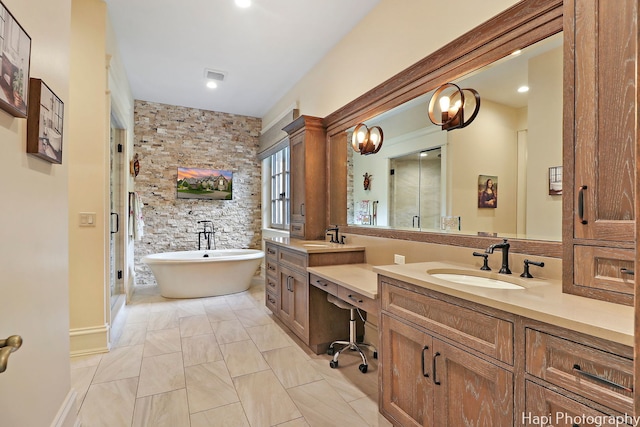 bathroom featuring vanity and plus walk in shower