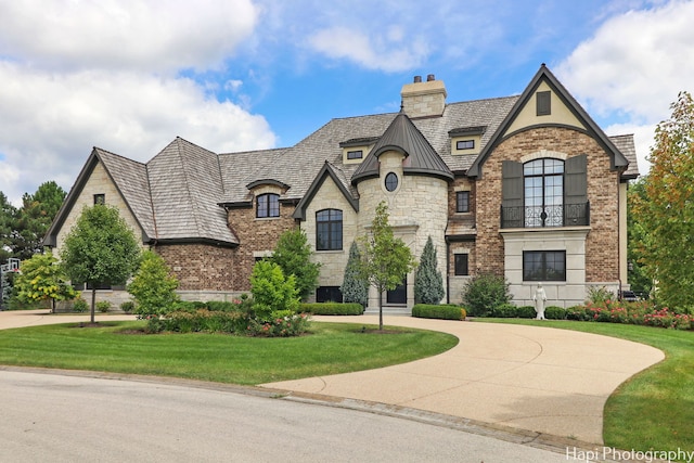 french country home with a front lawn