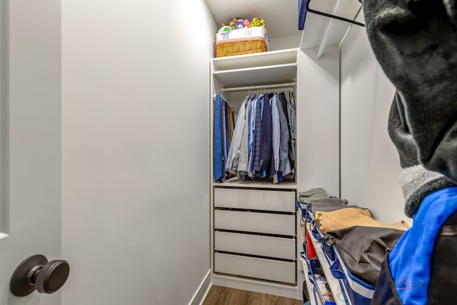 walk in closet with hardwood / wood-style flooring