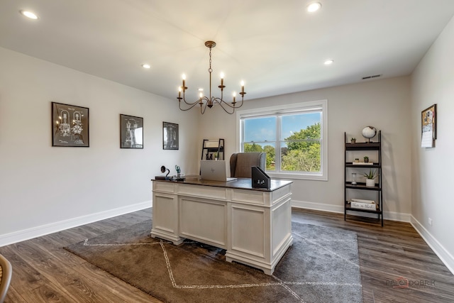 office featuring dark hardwood / wood-style floors and a notable chandelier