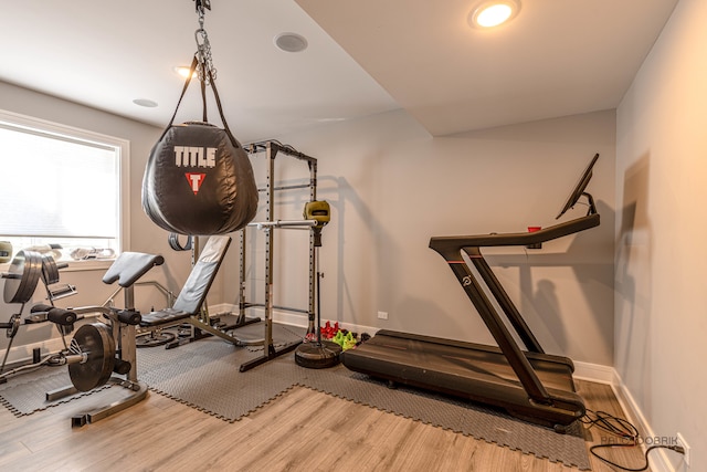 exercise room with light hardwood / wood-style flooring