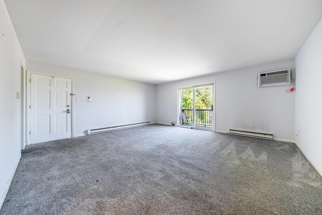 unfurnished room featuring baseboards, carpet flooring, baseboard heating, and a wall mounted AC