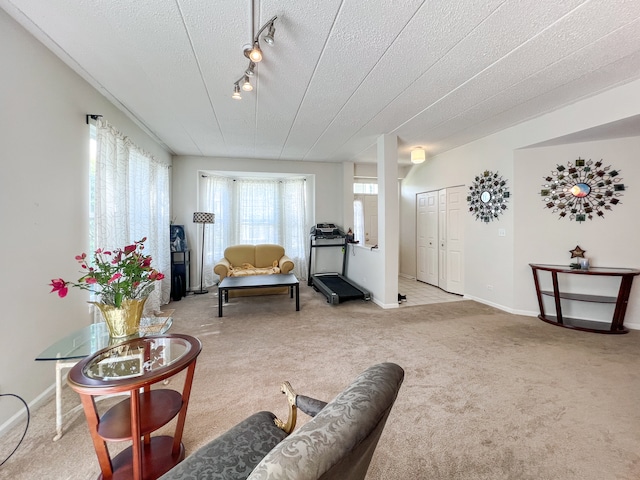 carpeted living room with a textured ceiling and rail lighting