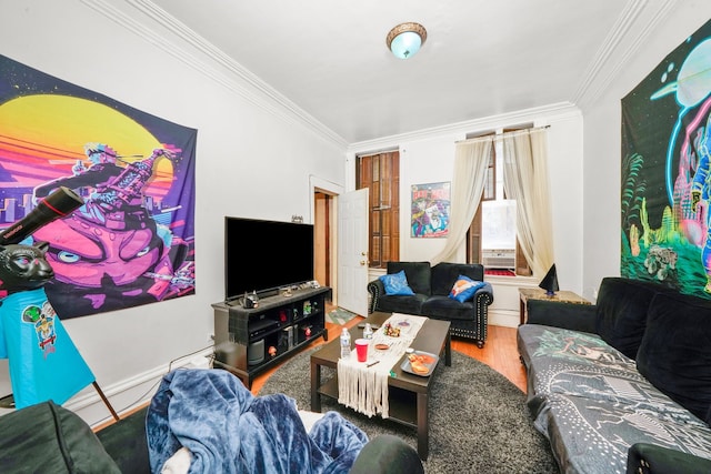 living room with hardwood / wood-style floors and crown molding