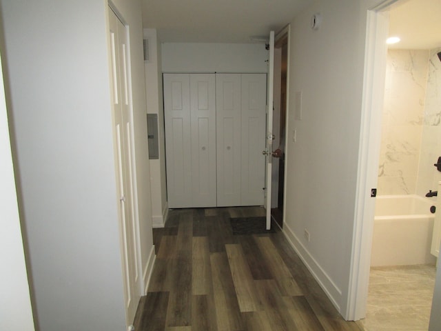 hall with dark hardwood / wood-style flooring