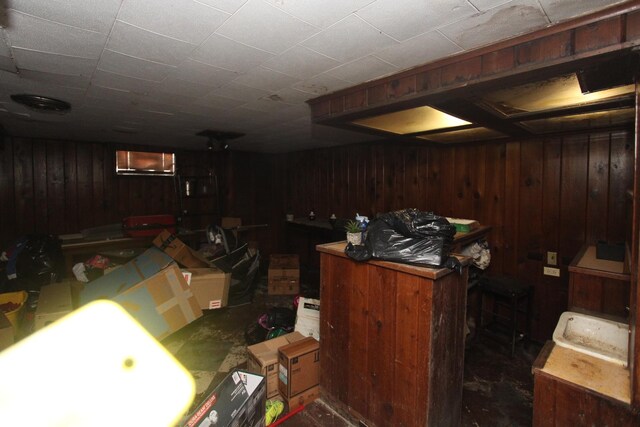 basement featuring wooden walls