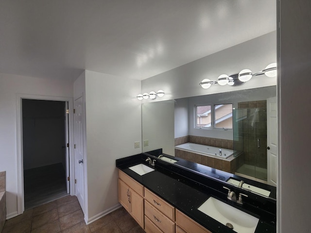 bathroom featuring separate shower and tub, tile patterned flooring, and vanity