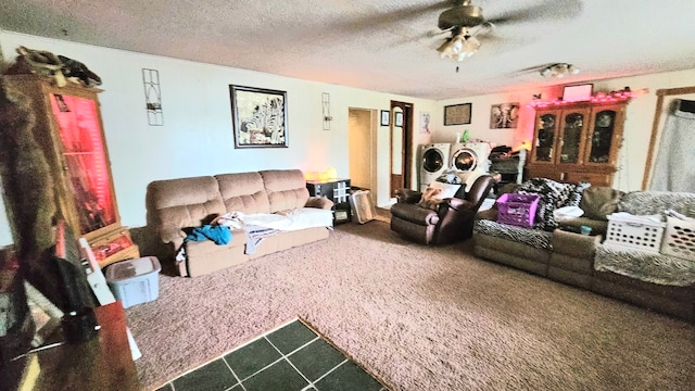 carpeted living room with a textured ceiling and ceiling fan