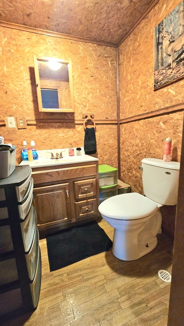 bathroom featuring vanity, wood-type flooring, and toilet