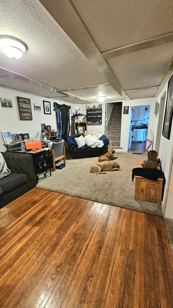 living room featuring a textured ceiling and wood-type flooring