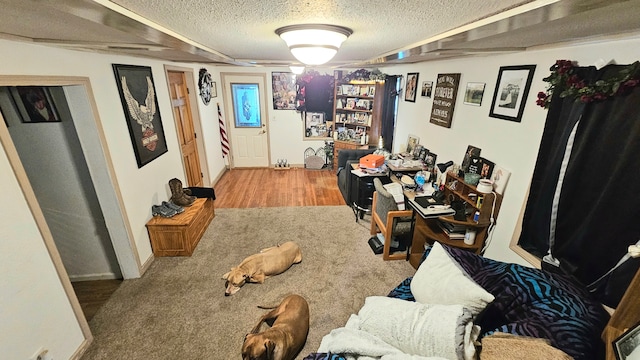 carpeted home office featuring a textured ceiling