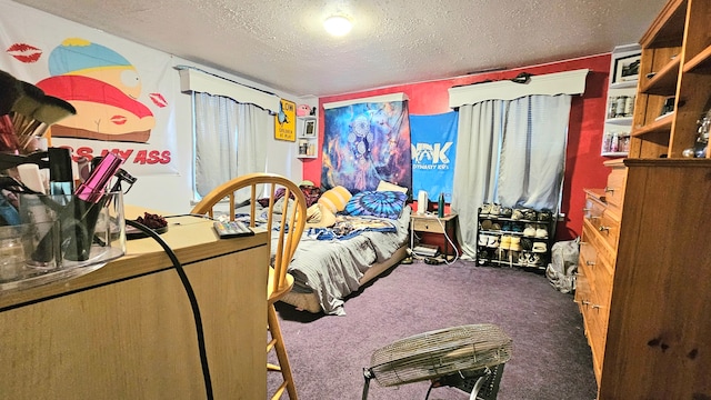 carpeted bedroom featuring a textured ceiling