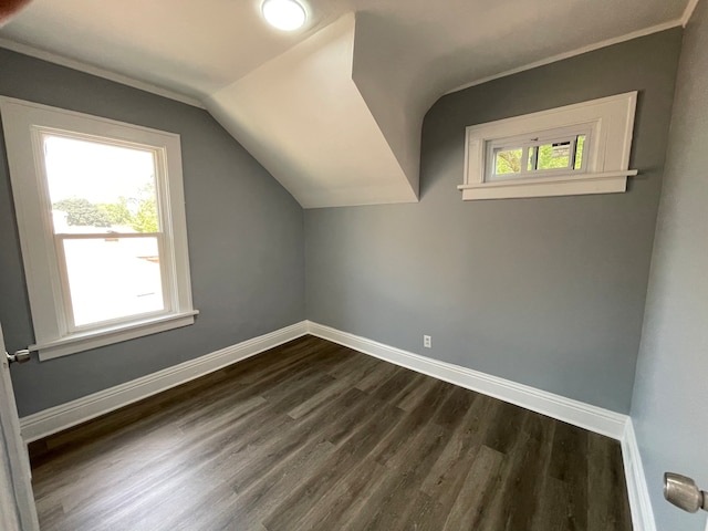 additional living space featuring dark wood-type flooring, vaulted ceiling, and a healthy amount of sunlight