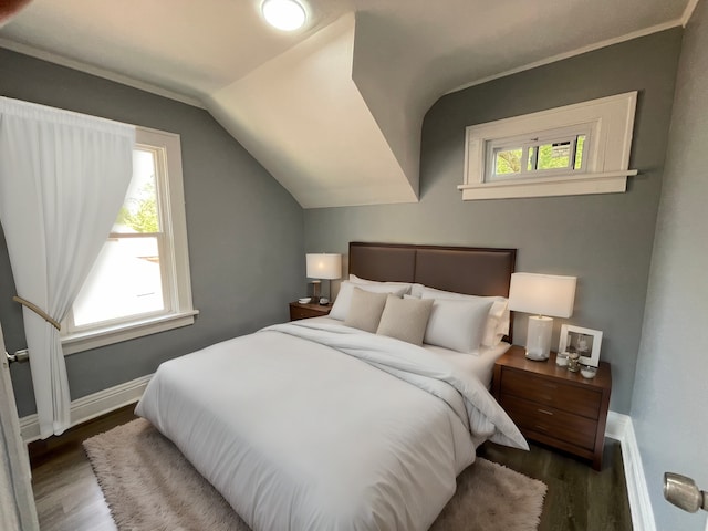 bedroom with baseboards, multiple windows, wood finished floors, and vaulted ceiling