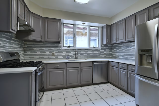 kitchen featuring stainless steel appliances, sink, gray cabinets, decorative backsplash, and light tile patterned flooring