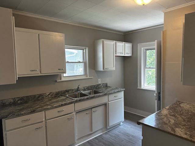 kitchen with white cabinets, hardwood / wood-style flooring, ornamental molding, and sink