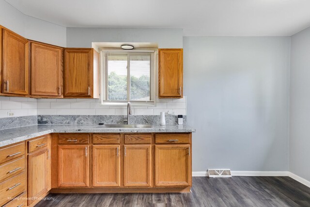 kitchen featuring dark wood-type flooring, sink, and tasteful backsplash