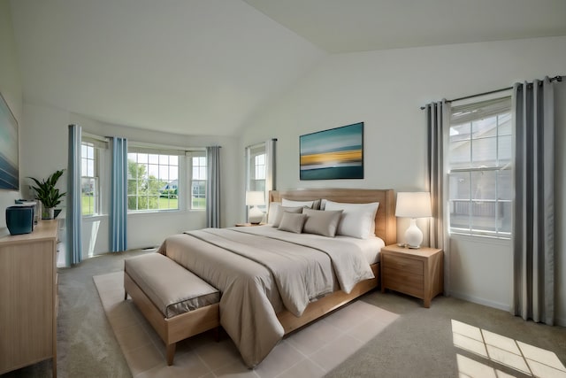 bedroom featuring light colored carpet and vaulted ceiling