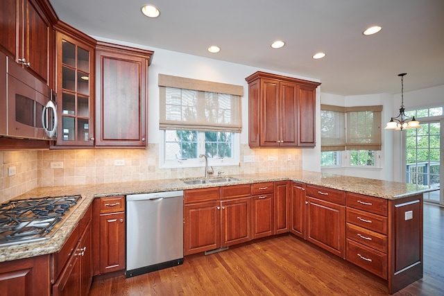 kitchen with a healthy amount of sunlight, kitchen peninsula, appliances with stainless steel finishes, and dark hardwood / wood-style flooring