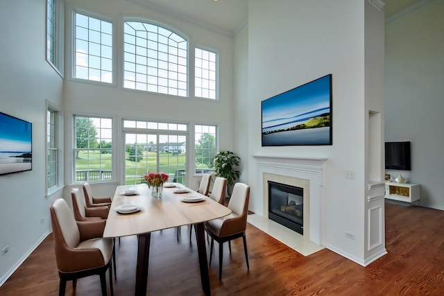 dining space with a high ceiling, dark hardwood / wood-style floors, crown molding, and a healthy amount of sunlight