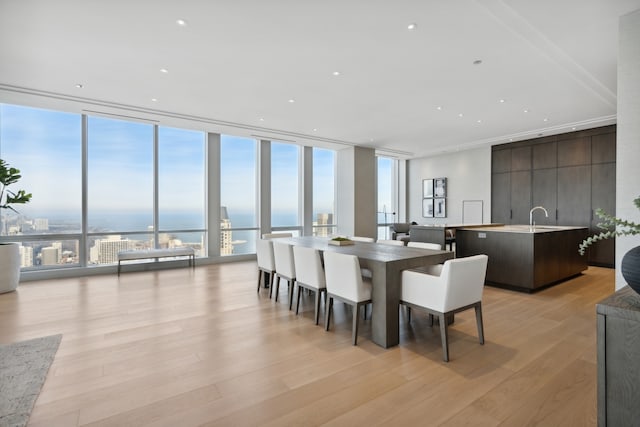 dining space with sink, expansive windows, a water view, and light hardwood / wood-style floors