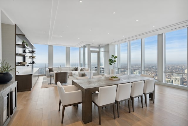 dining area featuring floor to ceiling windows, light hardwood / wood-style floors, and a healthy amount of sunlight