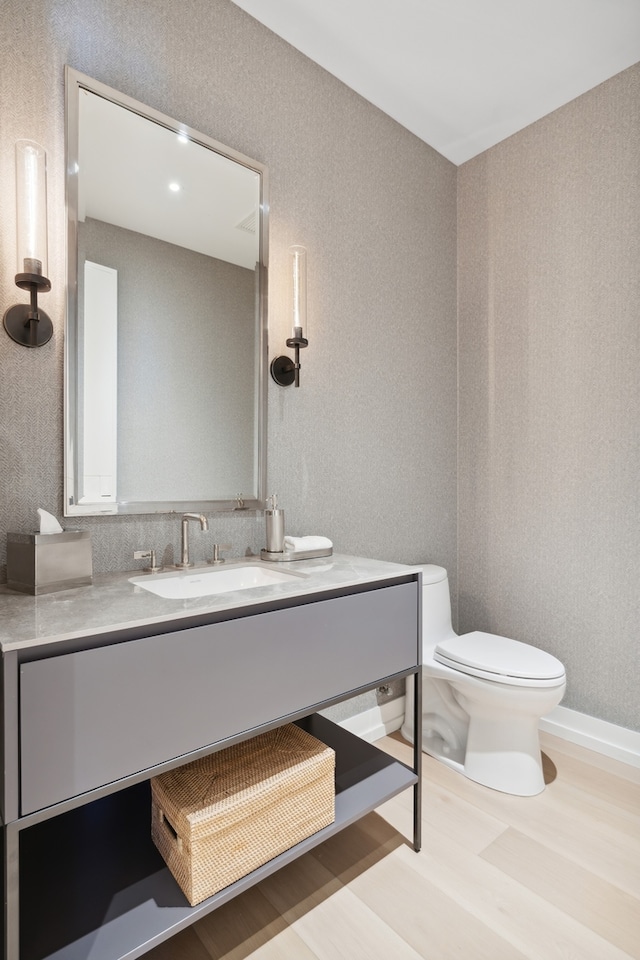 bathroom with toilet, hardwood / wood-style flooring, and vanity