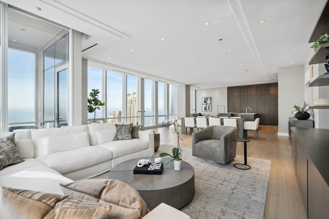 living room with a wall of windows, a water view, and light hardwood / wood-style floors