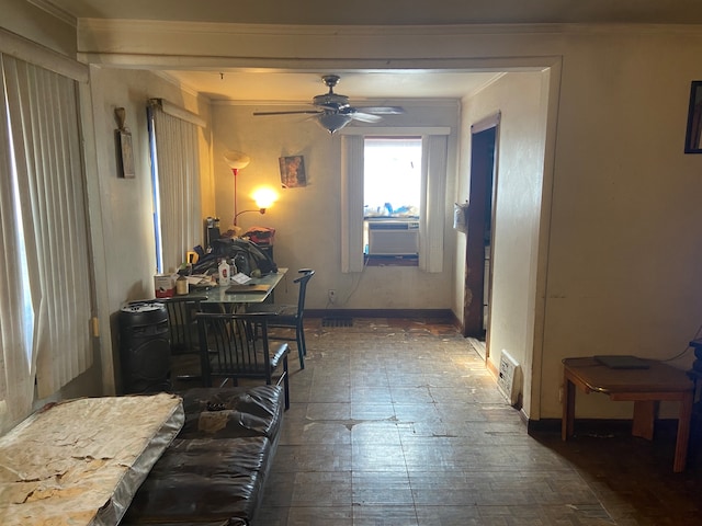 hallway featuring cooling unit and ornamental molding