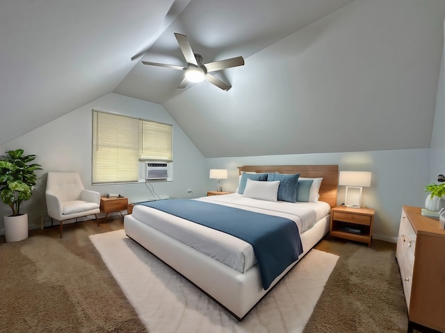 bedroom with cooling unit, ceiling fan, carpet floors, and vaulted ceiling