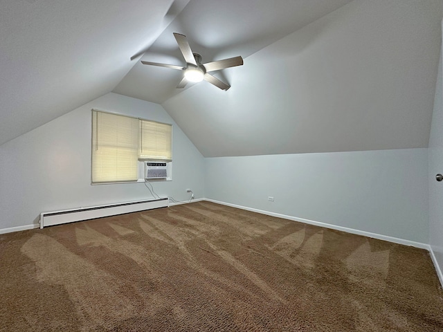 additional living space featuring carpet, cooling unit, a baseboard radiator, ceiling fan, and vaulted ceiling