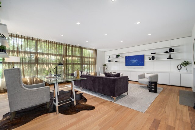 living room featuring light hardwood / wood-style flooring and expansive windows