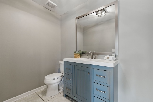 bathroom with vanity, visible vents, toilet, baseboards, and tile patterned floors