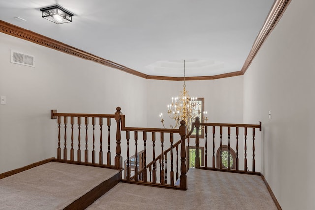 3944 Paradise Canyon Ct, Naperville, IL 60564 - staircase with ornamental molding, carpet, a notable chandelier, and visible vents