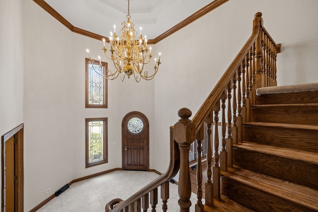 3944 Paradise Canyon Ct, Naperville, IL 60564 - foyer entrance with tile patterned flooring, a towering ceiling, baseboards, stairway, and a chandelier