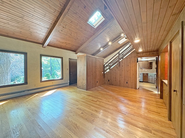 additional living space featuring light wood-type flooring, vaulted ceiling with skylight, wood walls, and wooden ceiling