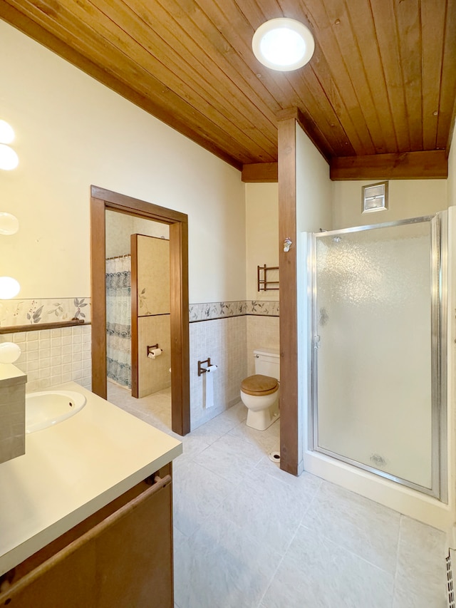 full bath with tile walls, a stall shower, vanity, tile patterned flooring, and wooden ceiling